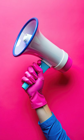 Female hand in a rubber glove holds a megaphone on a pink backgroundの素材