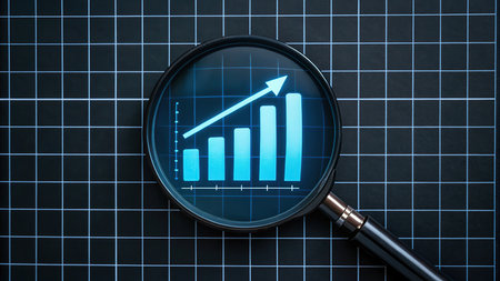 Magnifying glass with graph on black background. Business analysis concept.の素材