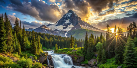 Sunset in Banff National Park, Alberta, Canada. The Banff falls are the highest mountain in Canada.の素材