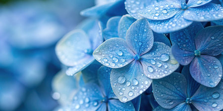 Beautiful blue hydrangea flowers with water drops close upの素材