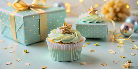 Cupcake with buttercream frosting and gift box on wooden backgroundの素材