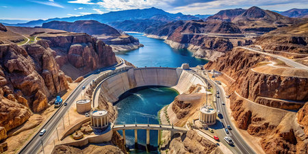 Aerial view of Hoover Dam in Nevada, United States of Americaの素材