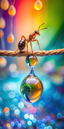 Ants and water drops on a rope with colorful lights in the backgroundの素材