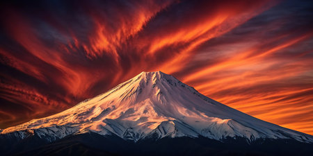 Beautiful mountain Fuji at sunset in Yamanashi, Japan.の素材
