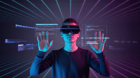 Young man wearing virtual reality goggles on dark background with binary code conceptの素材
