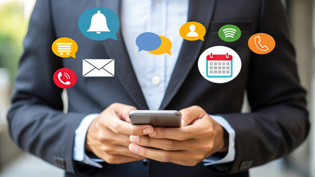 Businessman using mobile phone with social media icons. Business communication concept.の素材