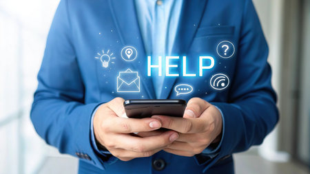 Businessman using smartphone with help text on the screen. Business concept.の素材