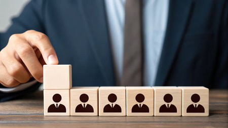 Businessman arranging wooden cube with team icon, leadership and management conceptの素材