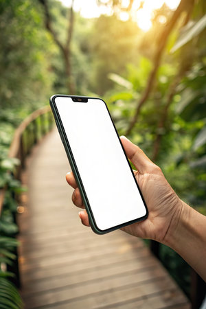 Mockup image of a hand holding smartphone with blank white screen.の素材