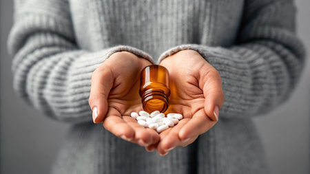 Woman holding pills in her hands. Focus on the foreground, blurred background.の素材