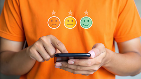 Customer service evaluation concept. Customer service evaluation with smiley face on smartphone screenの素材