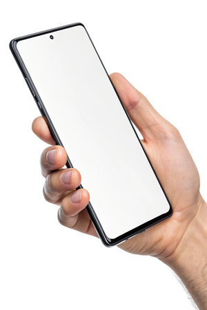 male hand holding a smartphone with a blank screen isolated on white backgroundの素材