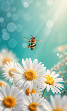 Beautiful daisies and a bee on a blue background.の素材