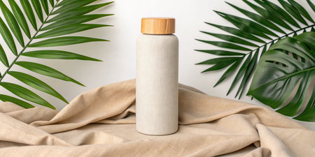 Cosmetic bottle on beige fabric and palm leaves on white backgroundの素材
