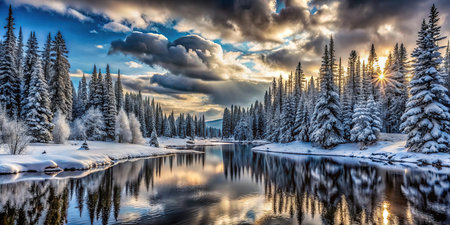 Fantastic winter landscape with snowy trees and lake. Dramatic sky.の素材