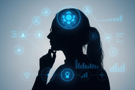 Side view of young woman using digital interface with business icons. Technology conceptの素材