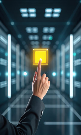 businessman pressing a button on a touch screen interface in data centerの素材
