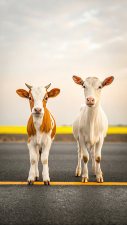 Calf standing on the road in the middle of a yellow fieldの素材