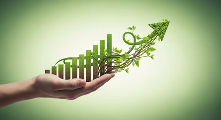 Conceptual image with growing graph made of green plant in handの素材