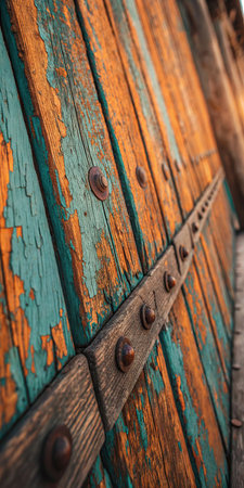 Old wooden door with metal rivets. Abstract background and texture for design.の素材