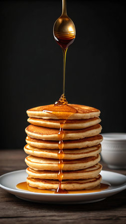 Pancakes with maple syrup on a wooden table, black backgroundの素材