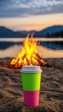 A paper cup of coffee on the beach with a fire in the backgroundの素材