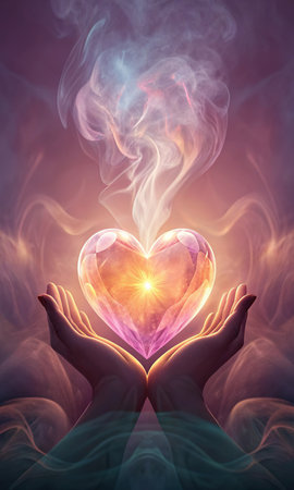 Hands holding a heart shaped object with smoke coming out of itの素材