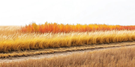 Rural road through autumn field with yellow and orange colored grassesの素材