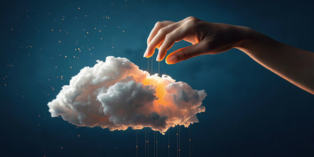 Cloud computing technology concept with hand holding a cloud on dark blue backgroundの素材