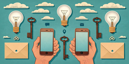 Conceptual illustration of a human hand holding a mobile phone with a key and a set of iconsの素材