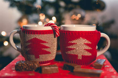 Two knitted red mugs with Christmas lollipop and chocolate pieces in foreground against Christmas treeの写真素材