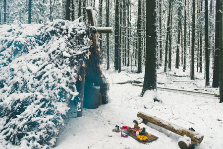 Winter picnic in forest with Christmas candles and fruits on wooden planks near bushcraft survival shelterの写真素材