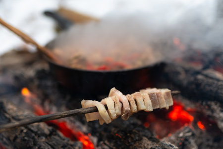 Lard cooking on stick over fire in winter forest campの写真素材