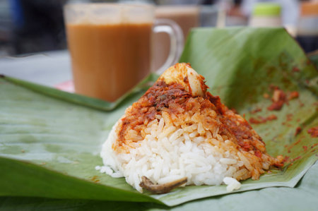 Local Malaysian breakfast nasi lemak and teh tarik の素材