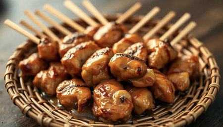 Skewers of grilled chicken on bamboo plate, closeup