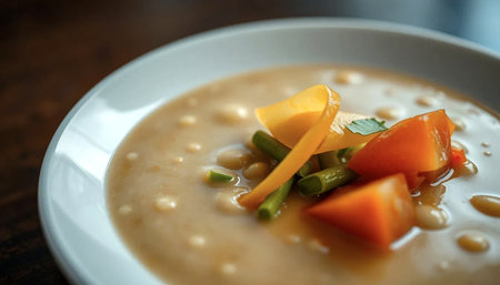 Bowl of chickpea soup on wooden background. Selective focus.の写真素材