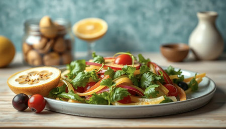 Plate with tasty fresh vegetable salad on wooden table, closeupの写真素材