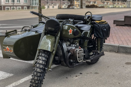 Russian retro motorcycle URAL khaki. Moto during the second world war with Soviet symbolsのeditorial素材
