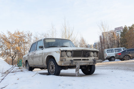 Krasnoyarsk, Russia, August 10, 2019: Russian retro Lada 2106 car on the street abandoned or stolen.のeditorial素材