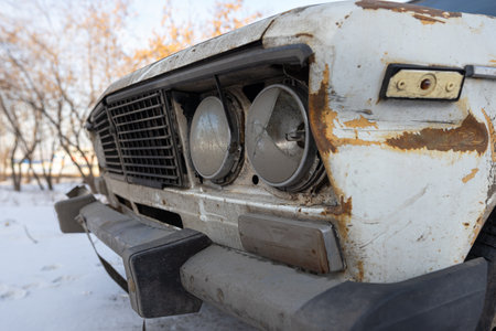 Krasnoyarsk, Russia, August 10, 2019: Russian retro Lada 2106 car on the street abandoned or stolen. broken lightsのeditorial素材