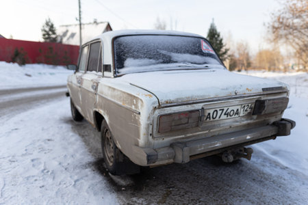 Krasnoyarsk, Russia, August 10, 2019: Russian retro Lada 2106 car on the street abandoned or stolen. behindのeditorial素材