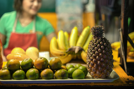 Khaolak, Thailand, 5 june 2019: Thai girl seller sells fruit, bananas, mangoes, tangerines and...