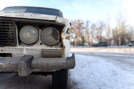 Krasnoyarsk, Russia, August 10, 2019: Russian retro Lada 2106 car on the street abandoned or stolen. broken lightsのeditorial素材