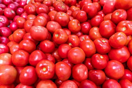 Close-up view of fresh juicy tomatoes, background photography. Summer agriculture farm market tray full of organic tomatoes.の写真素材
