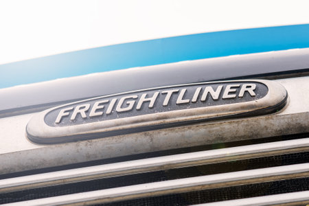 Krasnoyarsk, Russia, September 1, 2019: logo FREIGHTLINER close-up, photo from the hood of a truck.のeditorial素材