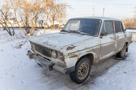 Krasnoyarsk, Russia, August 10, 2019: Russian retro Lada 2106 car on the street abandoned or stolen.のeditorial素材