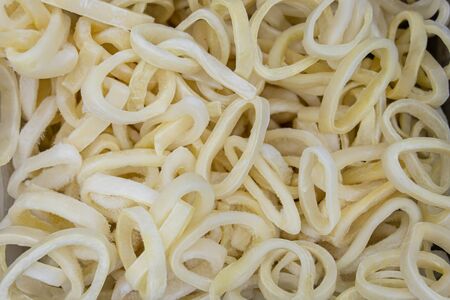 Sales of fresh squid in the market, good backgroundの写真素材