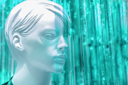 stylish beauty mannequin female head on blurred bright colored cold green background, light toning. A good space plan for the advertising of fashion and beauty. close-up, copy space, modern trends artの写真素材