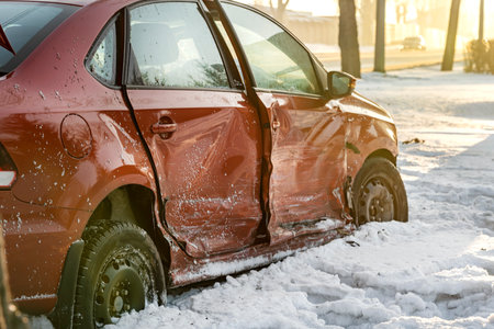 the broken and dented side of a red passenger car. winter accident on a slippery road, the car flew to the side of the road. Close-up, snow.のeditorial素材