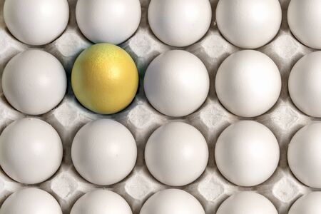 identical white eggs in a box and one yellow gold Easter egg stand out from the General background....